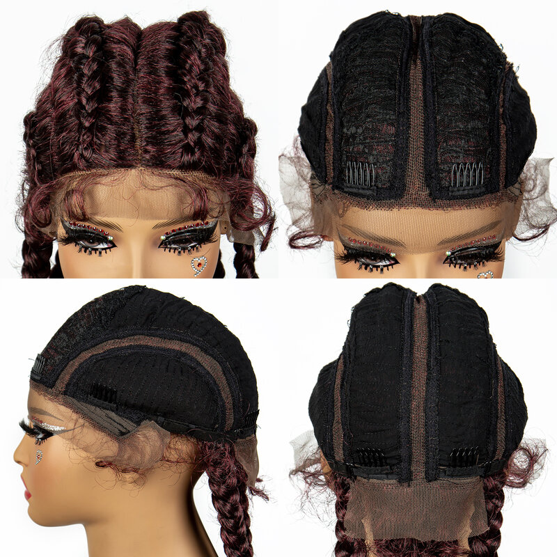 36 Inches Synthetic Cornrow Braided Wigs for Black Women with Baby Hair Lace Frontal 99J Burgundy Braids Wig Daily Use