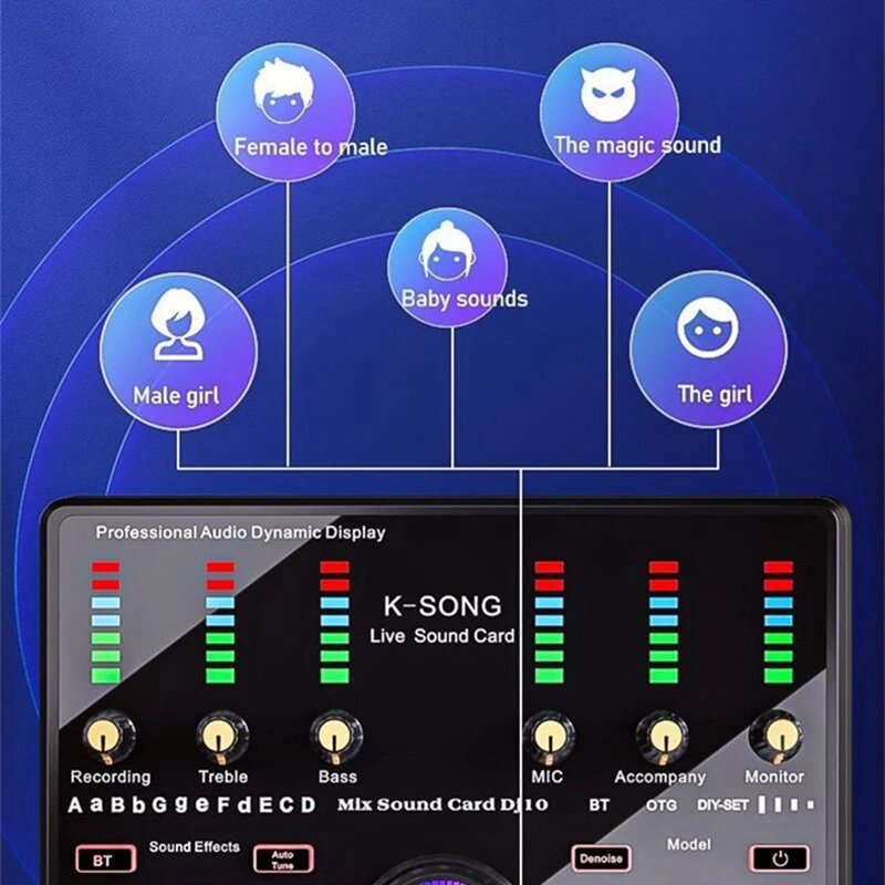 DJ 10 Sound Card For Karaoke Podcast Recording Live Streaming Mixed Noise Control Core, Wireless Bluetooth