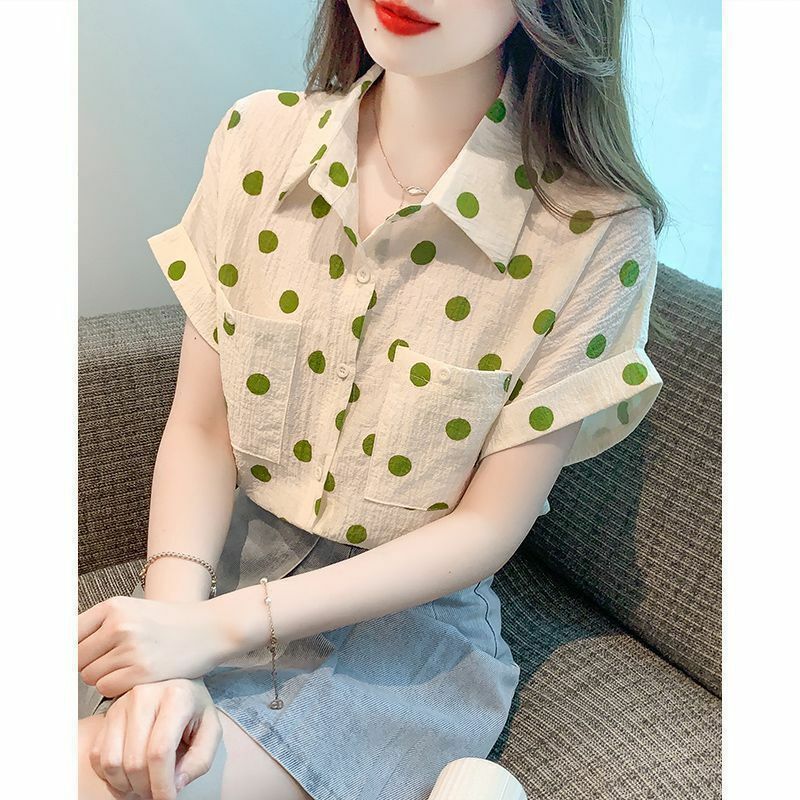 Женская шифоновая рубашка в горошек, Повседневная Свободная блузка с коротким рукавом и карманами, в Корейском стиле, лето 2024