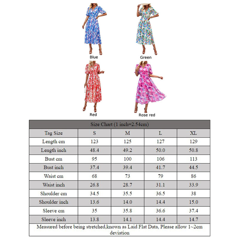 V-Neck Long Dress Microelasticity Printed Short Sleeve Elegant For Daily Long Dress Tighten The Waist To Ankle