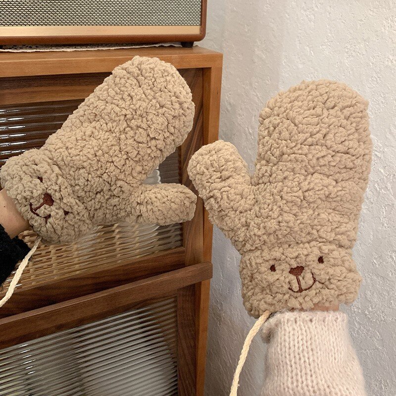 1Pairs Bear Pattern Soft Plush Gloves for Women Winter Warm Thicken Fingerless Mittens Girls Students Outdoor Keep Warmer Glove