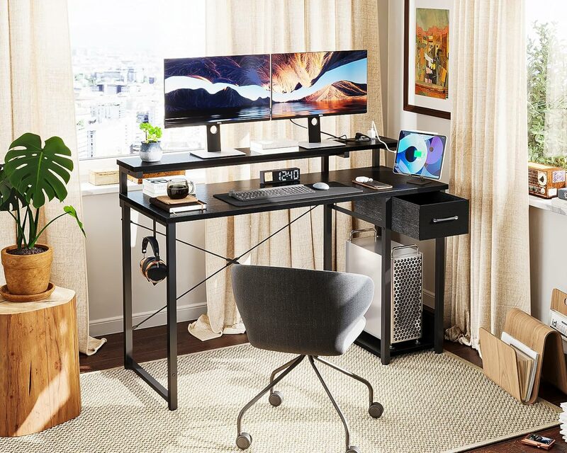 AODK-Bureau d'ordinateur de jeu avec prise de courant et bande lumineuse LED, bureau à domicile de 48 pouces, bureau d'écriture avec étagère de rangement