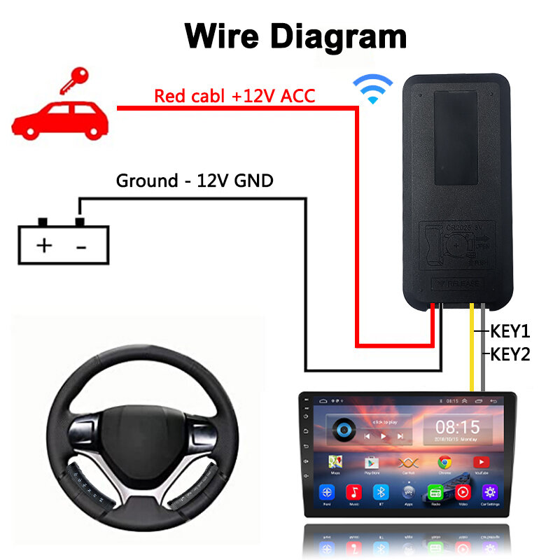 Controle Remoto Universal Sem Fio de Volante, Botão Multi-função para Carro, Rádio, DVD, Navegação GPS, Bluetooth, 12 Chaves