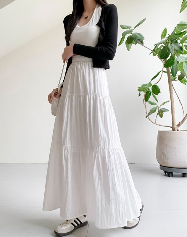 Faldas de Color sólido para mujer, falda de pastel de cintura elástica, Falda larga de línea A de cintura alta, moda