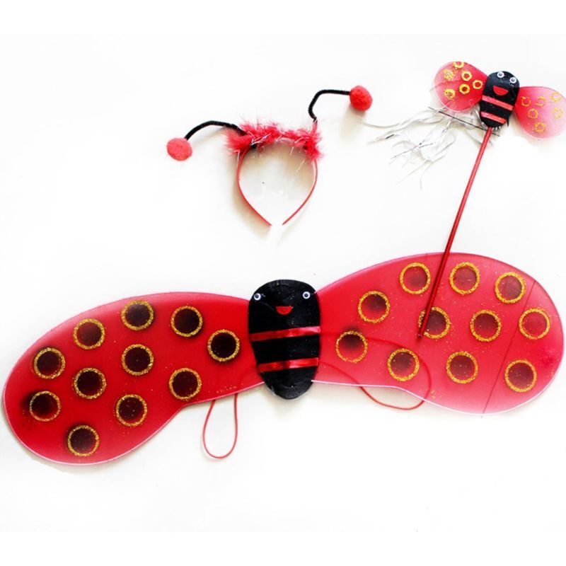 4 Buah/Set Set Kostum Peri Anak Rok Tutu Berlapis Garis Sayap Lucu Glitter Lebah Ladybird Berpakaian Pakaian Halloween