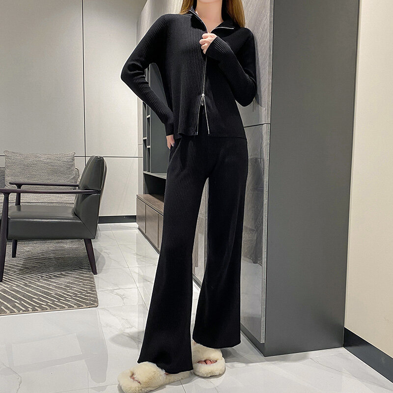 Ladies Sweater Set Half High Neck Zipper Temperament Shows Thin Western Style Spring and Autumn Wide Leg Pants Long Sleeve Top