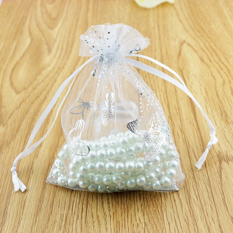 나비 오간자 쥬얼리 선물 파우치, 사탕 파우치, 드로스트링 결혼식 축하 가방, 흰색, 9x12cm, 200 개