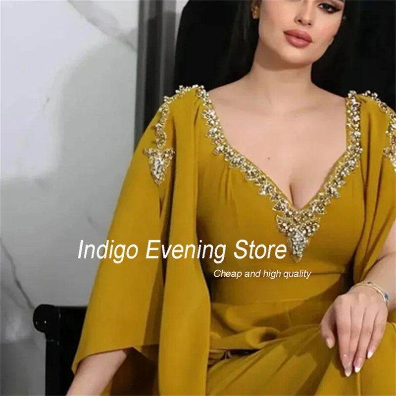 Indaco Prom Dress sirena scollo a v mezza manica perline Split Tea-Length Satin 2024 eleganti abiti da sera per le donne 2024 muslimah sera