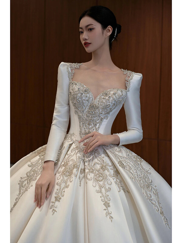 Vestido de novia de satén de manga larga, vestido de baile de novia de la industria pesada, estilo de corte Vintage de talla grande, 2024
