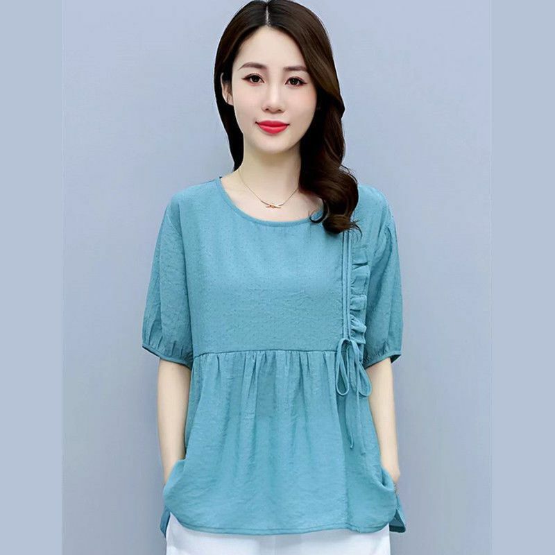 Cotton Linen Solid Color Retro Simple Blouse Shirts Women Summer Casual Ruffle V-neck Half Sleeve Loose Top Female Clothing 2022
