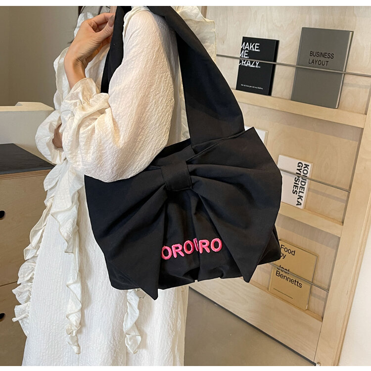 Trendy Bow Design Large Canvas Tote Handbags and Purses Women Shoulder Bags New Embroidered Letters Ladies Casual Shopping Bag