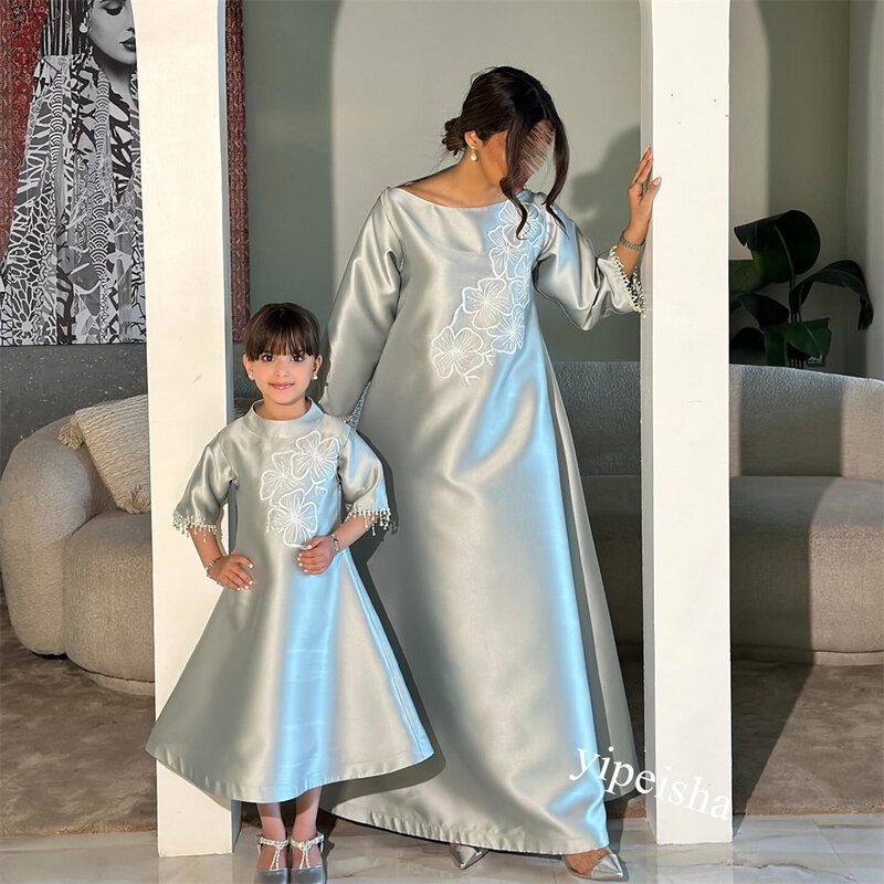 Jiayigong-Satin Pérola e Borla Vestido de Noivado, A-Line, O-Neck, Ocasião sob medida, Arábia Saudita Vestidos Midi
