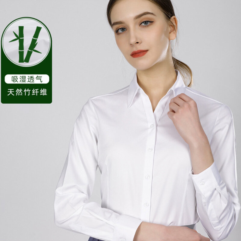 ใหม่ไม้ไผ่แขนยาวผู้หญิงธุรกิจอย่างเป็นทางการสวมใส่รีดผ้า Anti-Wrinkle Stretch Slim Professional สุภาพสตรีเสื้อสีขาว
