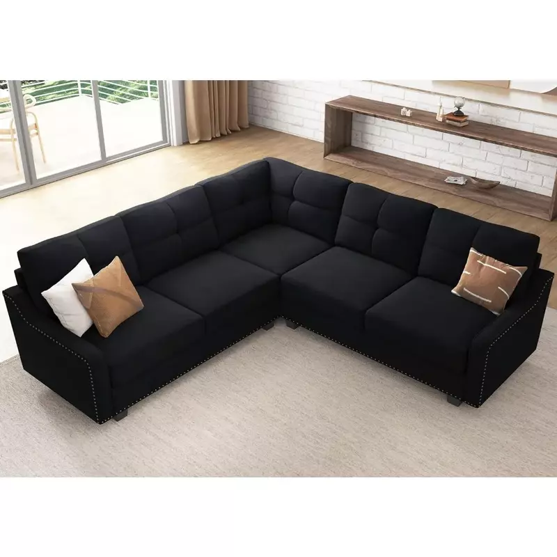 Convertible Sectional Sofa Velvet L Shaped Couch Reversible 4 Seat Corner Sofas for Small Apartment,Velvet Black Sofa