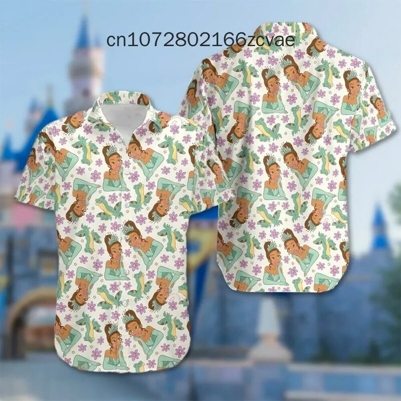 Chemise hawaïenne Disney Tiana Princess, manches courtes, chemise boutonnée, chemise de plage décontractée, nouveau