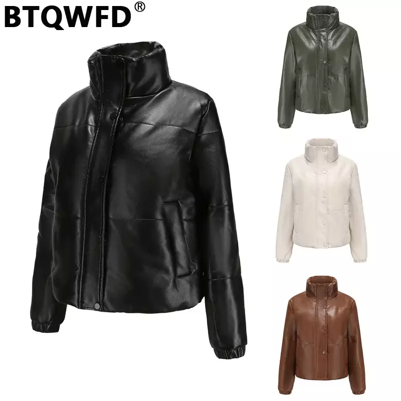 BTQWFD Winter Thicken Jackets Women's Stand Collar Coats 2024 New Parkas Female Clothing PU Leather Motor Biker Tops With Pocket