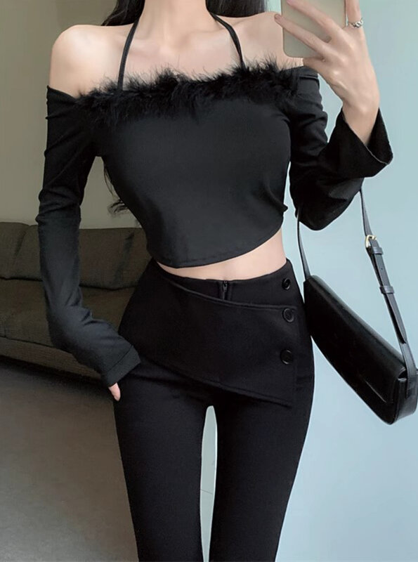 Schwarze Micro Flared Casual Suit Hose für Damen Herbst und Winter Design hoch taillierte und schlanke Hose mit geradem Bein ausgestellt