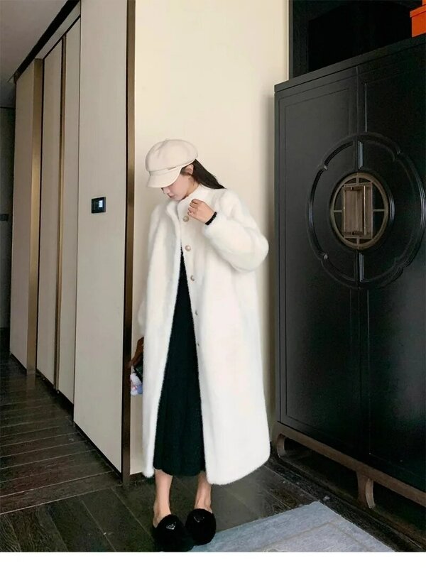 Abrigo de piel de visón de imitación de estilo chino para mujer, abrigo largo y lujoso integrado, nuevo, Otoño e Invierno