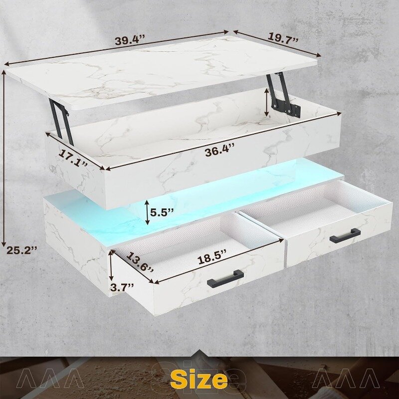 Table basse relevable avec rangement pour salon, petite table basse 40 ", tables basses avec 2 égouts de proximité en tissu et lumière LED