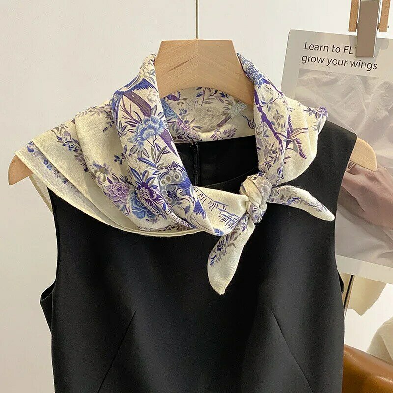 Pure Cotton Women Scarf Square Foulard Lady's Neck Hair Scarves Design Printed Head Kerchief Fashion Girl Scarfs 2023 New