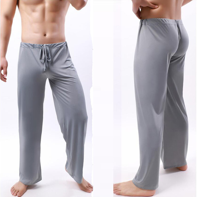 Calça pijama de seda gelo masculina, calças longas finas, ver através do fundo do sono, pijama homewear, pijama doméstico