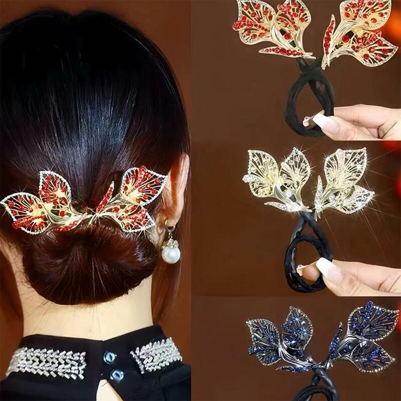 Rhinestone Flower Hair Clip Elegant Exquisite Lazy Hair Curler Retro Shinning Ponytail Headwear For Women Hair Accessories