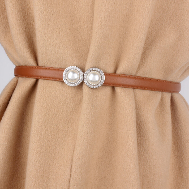 Cinturón de falda decorado con perlas de cuero genuino, abrigo versátil de ajuste fino para mujer, vestido de sello de cintura de traje, cadena de cintura