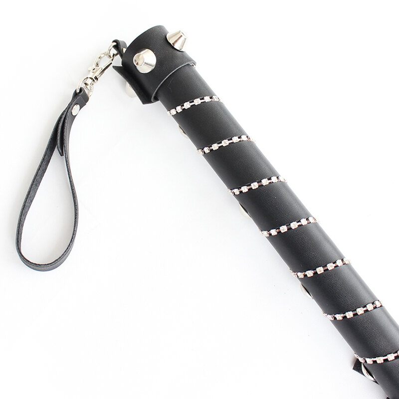 48CM Black Premium PU Leather Horse Whip for Horse Training, PU Leather Inlay Crystal Rivet Handle with Wrist Strap