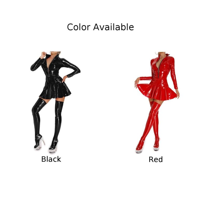 Sexy Wet Look PU Leather Womens Dresss Bodycon Zip-up Stand Collar Long Sleeve Shiny Party Club Wear Female Dress Clothing