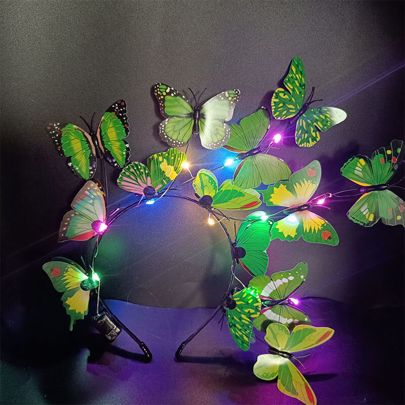 Diadema de mariposa con luz LED brillante, banda Bohemia para el pelo, aros coloridos, tocado para fiesta, boda, navidad