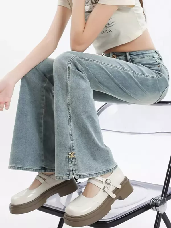 Lente Eenvoudige Mode Lichtblauwe Casual Vrouwen Jeans Chicly Hoge Taille Slanke Klassieke Split Vintage Basic Flare Street Female Jeans