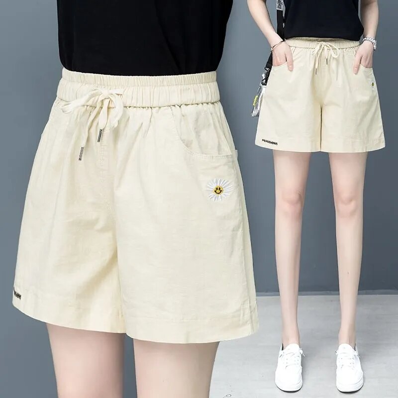 Shorts de trabalho de cintura alta solta feminino, monocromático, casual, sexy, pernas largas, verão, coreano, simplicidade