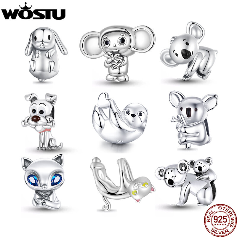 WOSTU-Cuentas de Koala para fabricación de joyas, abalorios de plata de ley 925 con diseño de gato, conejo, Pulsera Original