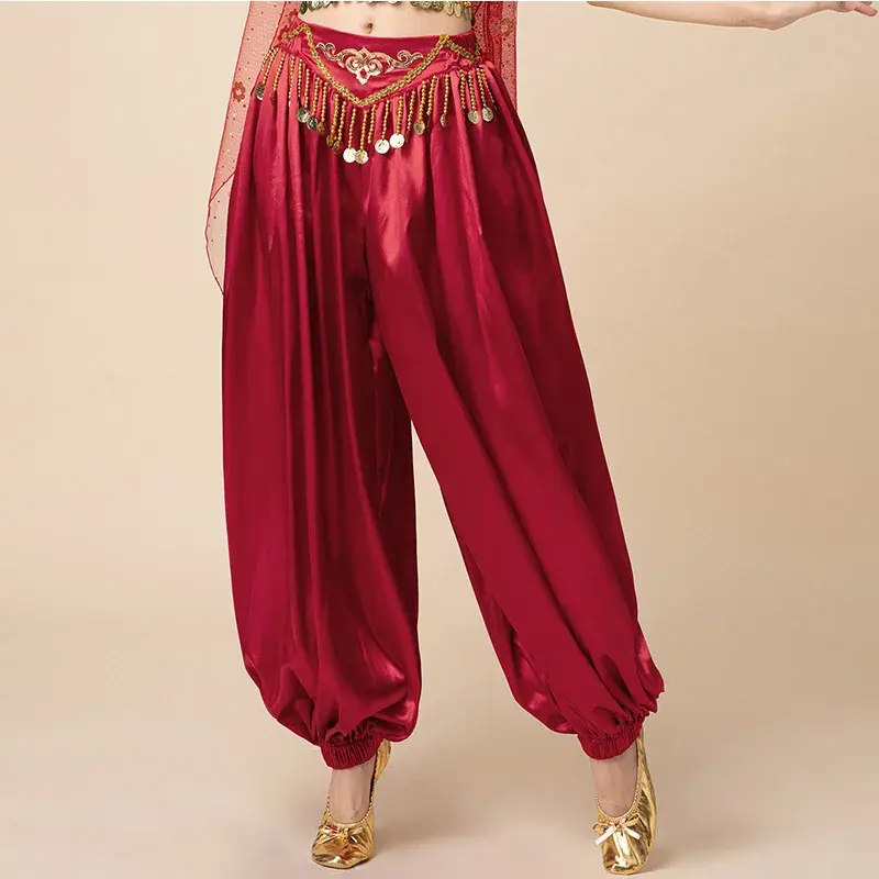 Women Belly Dance Harem Pants Tribal Arabic Halloween Trousers with Gold Trim Gypsy Bellydance Costumes Fancy Carnival Outfit