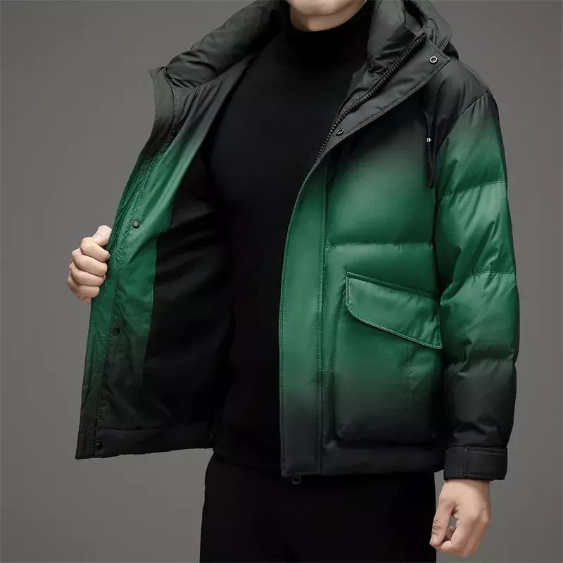 Jaket bulu angsa pria, jaket hangat lembut warna gradien musim dingin dan musim gugur 2024, jaket trendi modis anak muda
