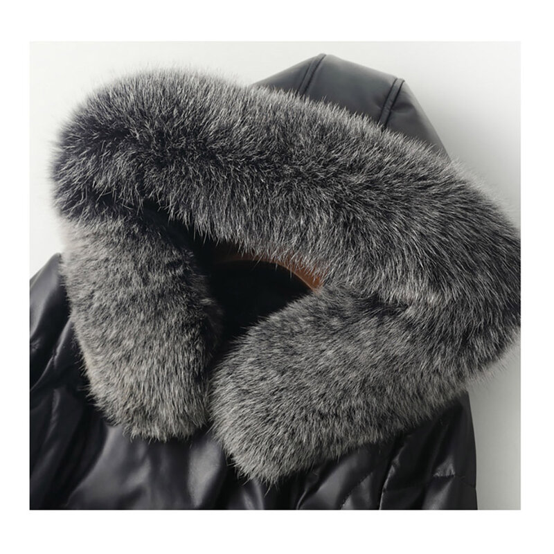 Oversized Parkas Women Leather Down Jackets Detachable Natural Fur Collar Hooded Coats Winter Female Chic Thick Warm Outerwear