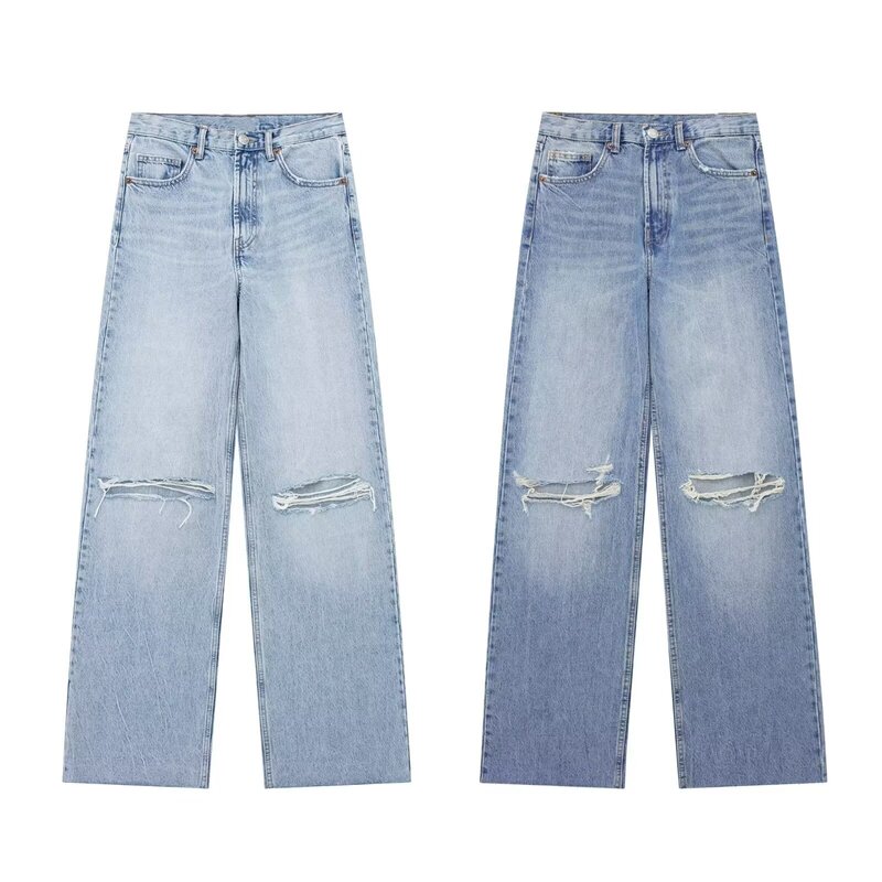 Women's 2024 New Chic and Versatile Wide-leg Jeans With Holes Retro High Waist Zipper Female Denim Pants Mujer