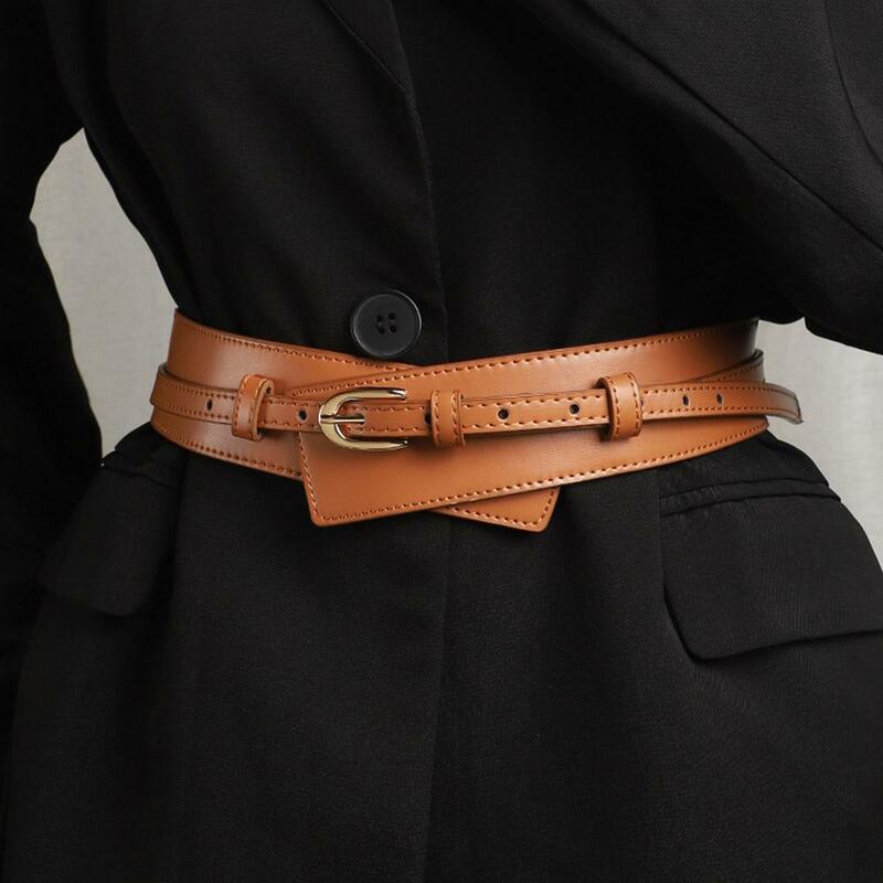Cintura larga de couro PU para mulheres, cinto destacável, fivela de pino elegante, cinto de vestido vintage, moda retrô