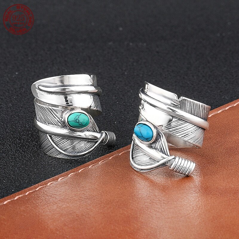 S925 Sterling Silver Vintage Trend Personality Feather Ring Couple Blue turquoise set double wide open ring