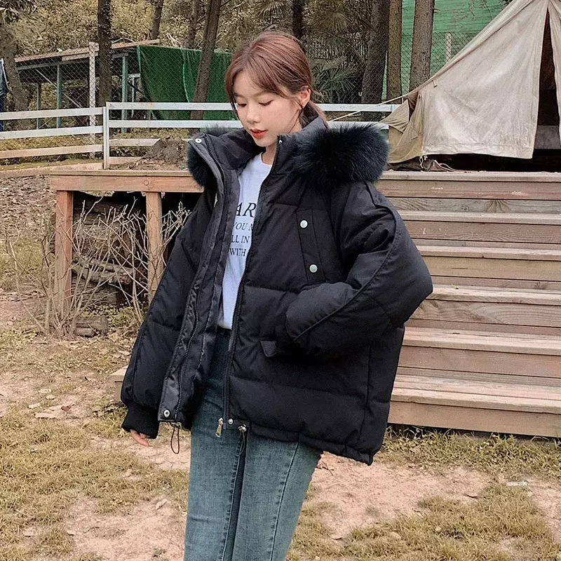 Jaket parka katun bertudung pendek wanita, jaket bantalan hangat tebal Korea musim dingin 2023, mantel pakaian salju kerah bulu