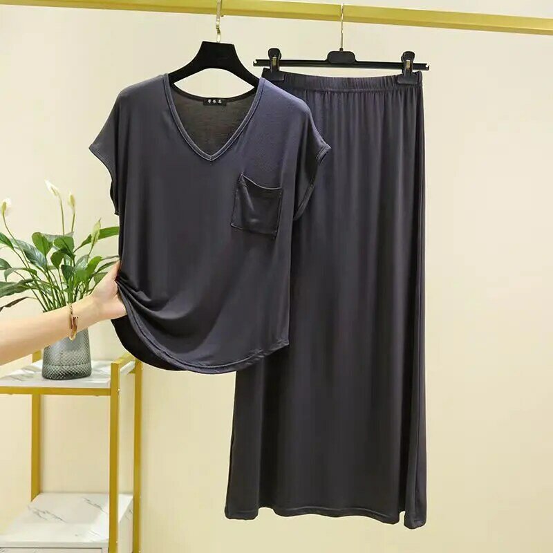 Женский костюм из 2 предметов из модала и хлопка, футболка с V-образным вырезом + юбка, летняя облегающая юбка с завышенной талией, базовая юбка, длинная повседневная юбка