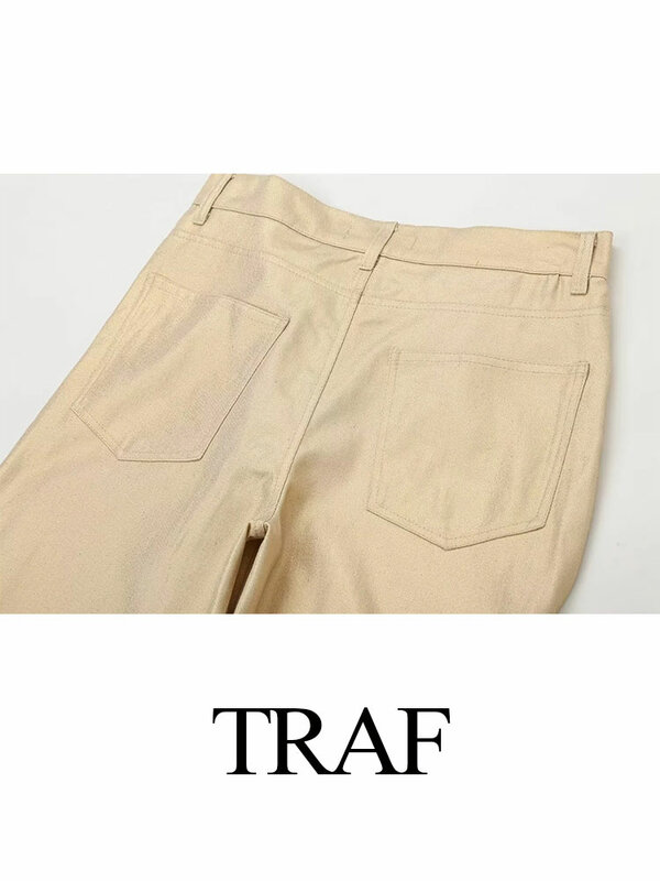 TRAF-بنطلون نسائي واسع الساق عالي الخصر ، بنطلون طويل فضفاض ، جيوب بسحاب ، كاجوال ، متعدد الاستخدامات ، أحادي اللون ، الشارع ، أنثى ،