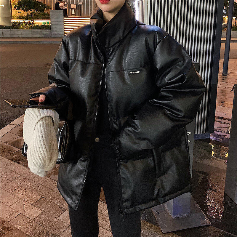 Парка женская из ПУ кожи, свободная Толстая зимняя верхняя одежда, Модный черный мешковатый офисный с воротником-стойкой и карманами, в Корейском стиле
