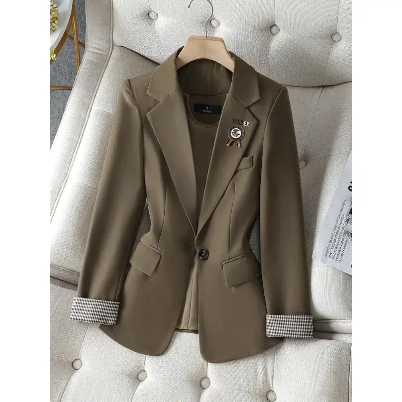 Women Black Brown Khaki Casual Blazer Coat Spring Autumn Ladies Long Sleeve Single Button Solid Jacket Female