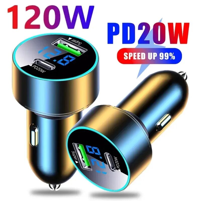 120W Super Charger Car Phone Charger Dual Port Type C Fast Charging Car Phone Adapter for iPhone 14 Xiaomi Samsung