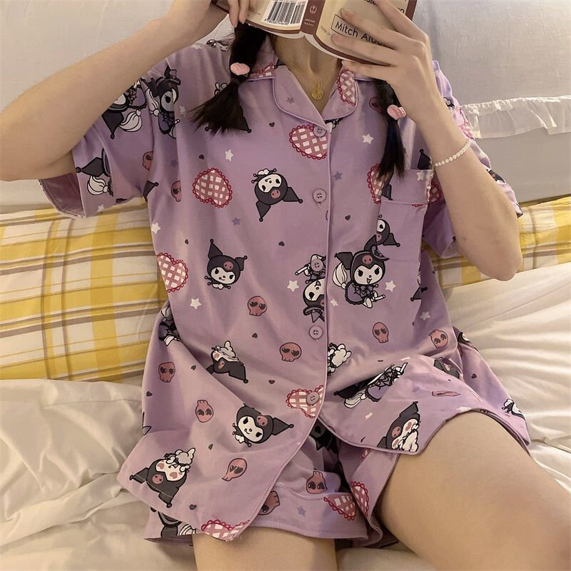 女性のためのsanrio kuromiパジャマ、かわいい韓国のファッションプリント、半袖パジャマ、漫画のパジャマセット、ホームウェア、y2k、夏、新しい