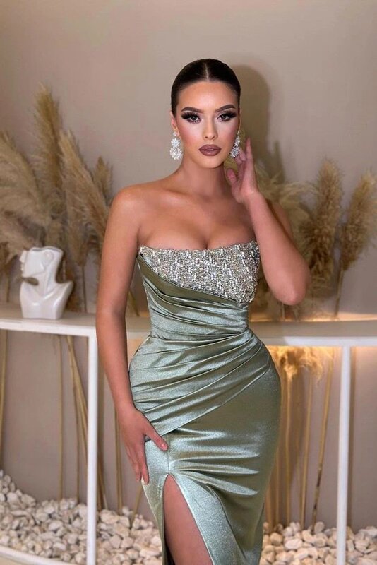 Gaun Prom Satin sederhana 2024 gaun malam seksi jubah punggung terbuka belah tinggi tanpa tali untuk pesta Formal payet Vestidos De Gala