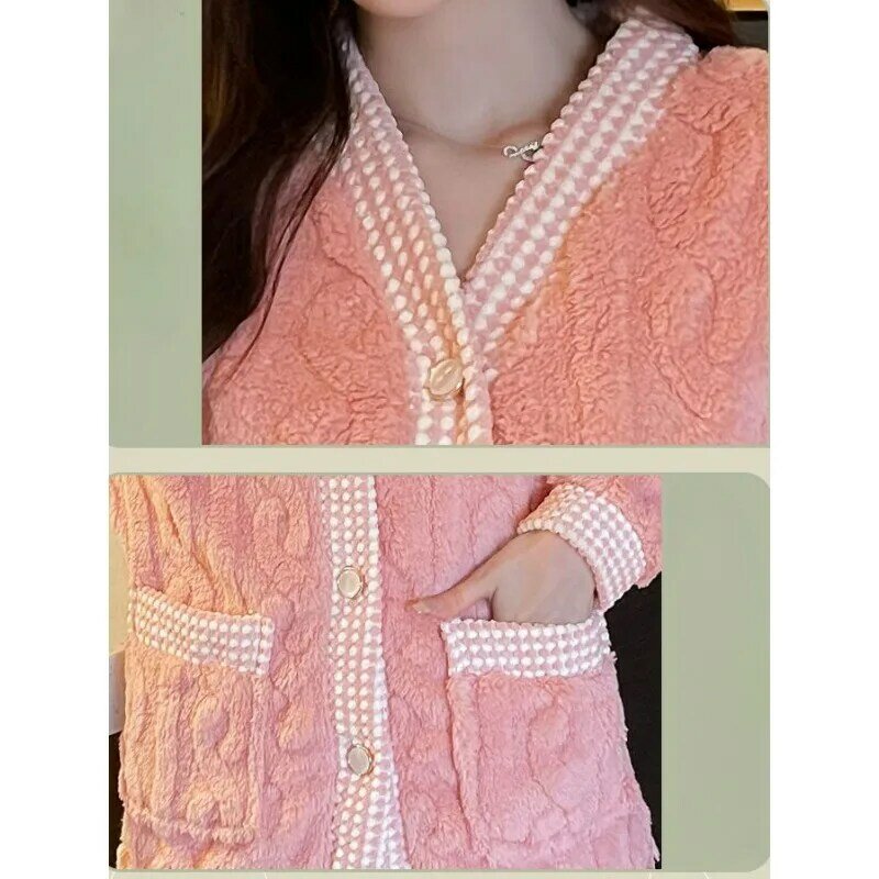 Pajamas Women Autumn Winter Coral Fleece Fleece-Lined Padded Cardigan Nightclothes Flannel Warm Female Casual V-neck Homewear