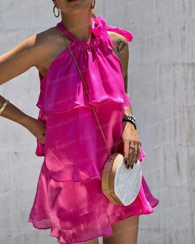 홀터 프릴 샤이니 시폰 파티 드레스, 2023 3 레이어, 밝은 핑크 민소매 캐주얼 드레스, 미니 길이 예쁜 가운