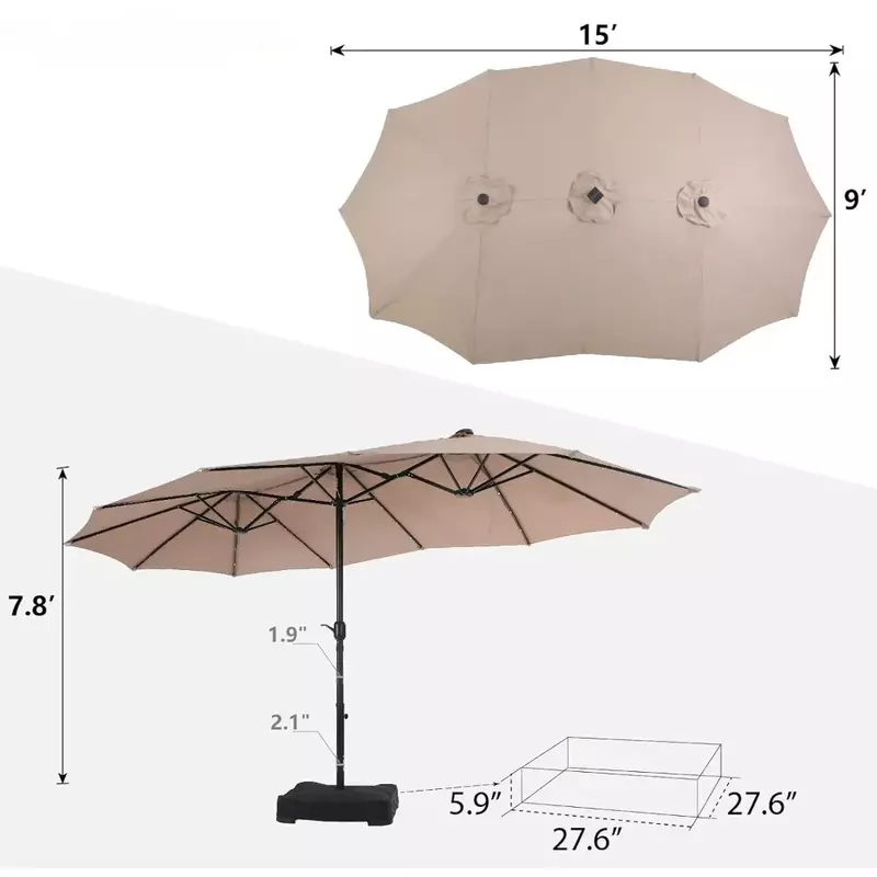 مظلة فناء كبيرة مع أضواء شمسية ، مظلة مستطيلة خارجية مع قاعدة متضمنة ، على الوجهين ، للخدمة الشاقة ، بيج